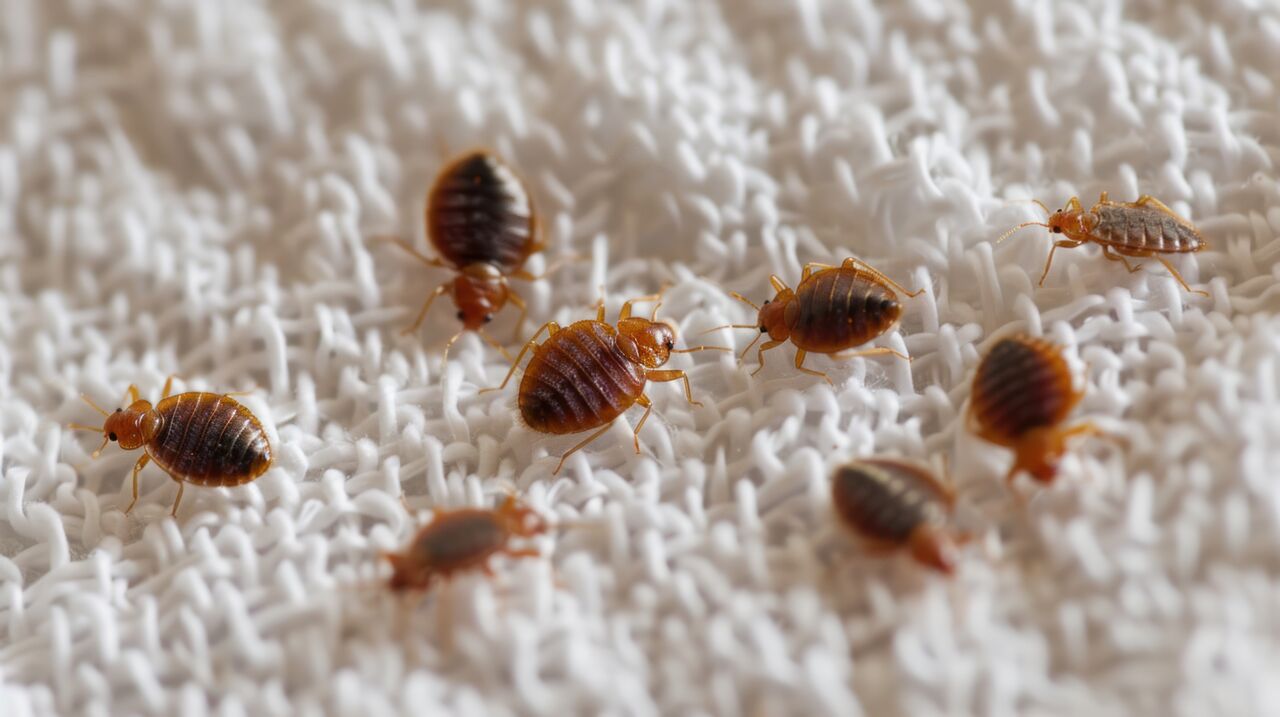 ai-generated-a-bedbug-colony-visible-on-a-white-bed-sheet ai generated bedbug colony visible on a white bed sheet