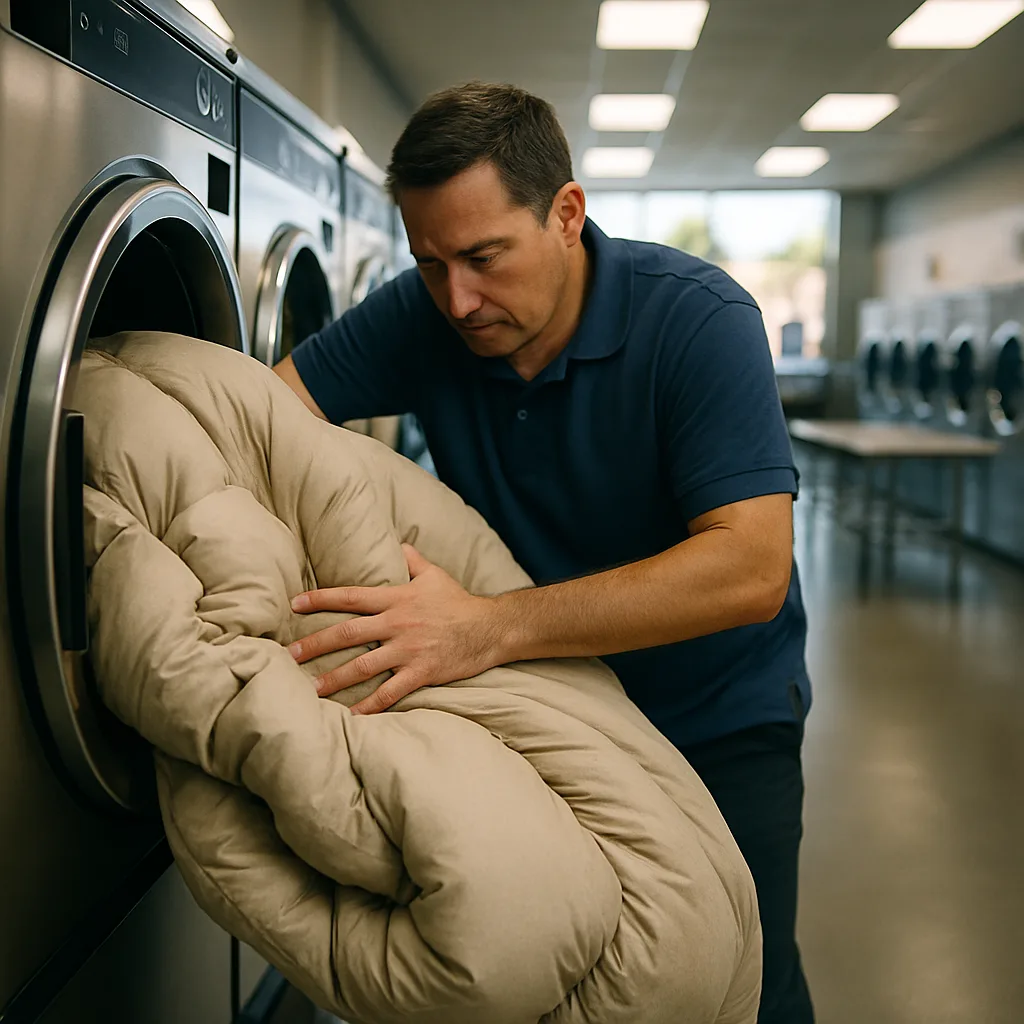 large-capacity-washer-comforter-load-hemet Large Dexter washers near the change machine at a clean, well-maintained laundromat in Hemet, CA