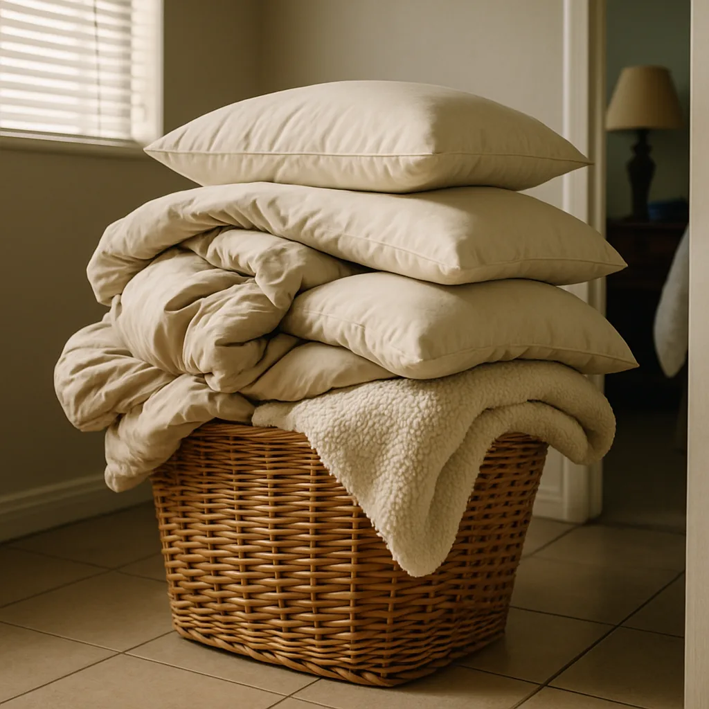 large-load-bedding-basket-home-hemet stack of pillows and a comforter in a basket on the tile floor