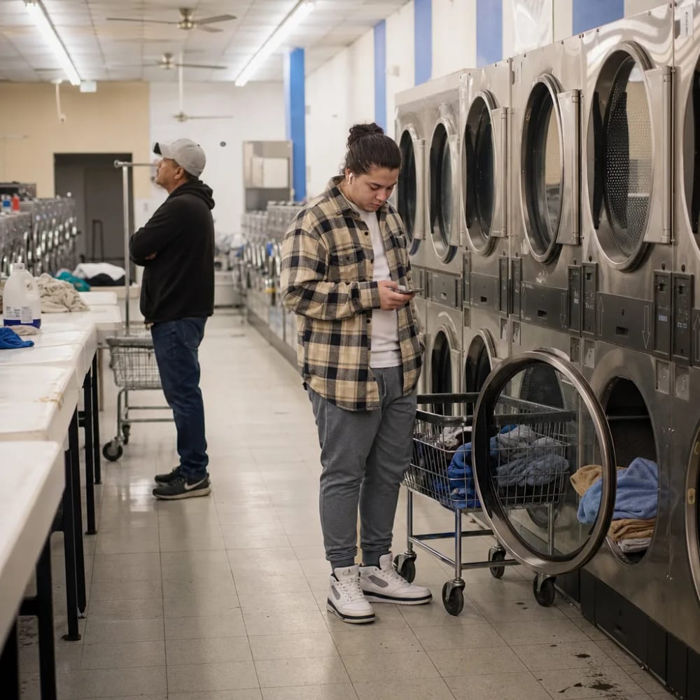 two men waiting for laundry to be done